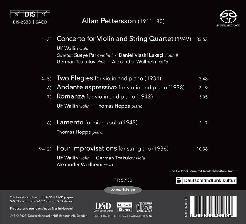 Pettersson: Concerto; String Trio; Works for Violin & Piano / Wallin