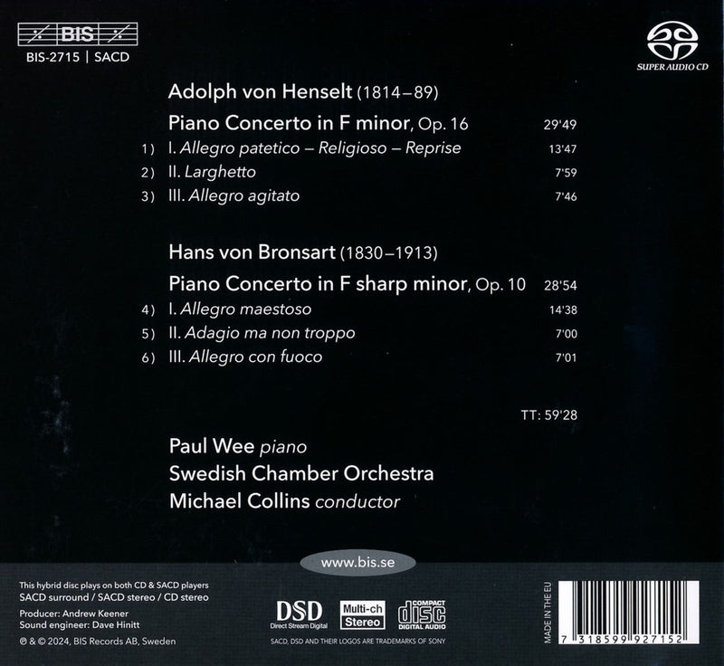 Henselt & Bronsart: Piano Concertos / Paul Wee, Collins, Swedish Chamber Orchestra