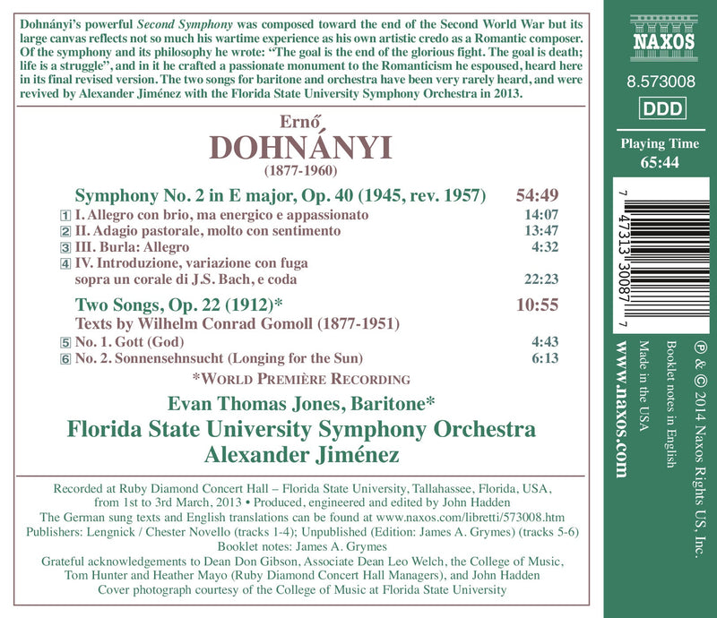 Dohnányi: Symphony No. 2; Songs / Jiménez, Florida State University Symphony Orchestra
