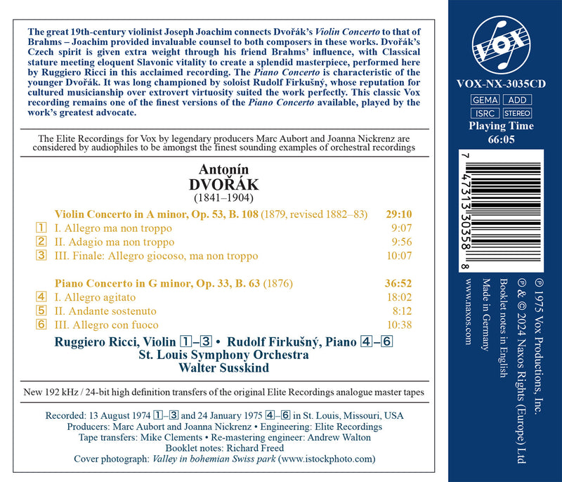 Dvořák: Violin & Piano Concertos / Ricci, Firkušný, Susskind, St. Louis Symphony