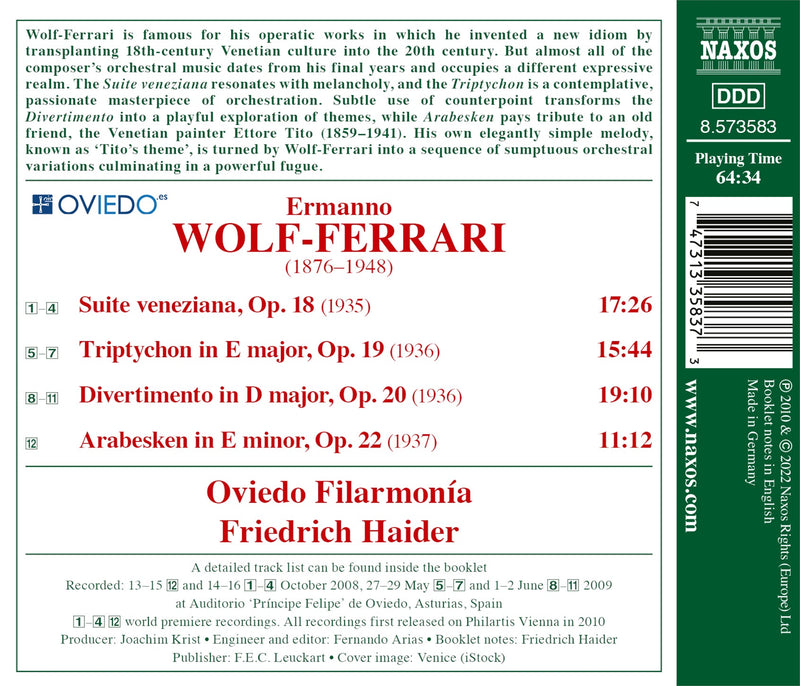 Wolf-Ferrari: Suite veneziana, Divertimento, Arabesken & More / Ovideo Philharmonic