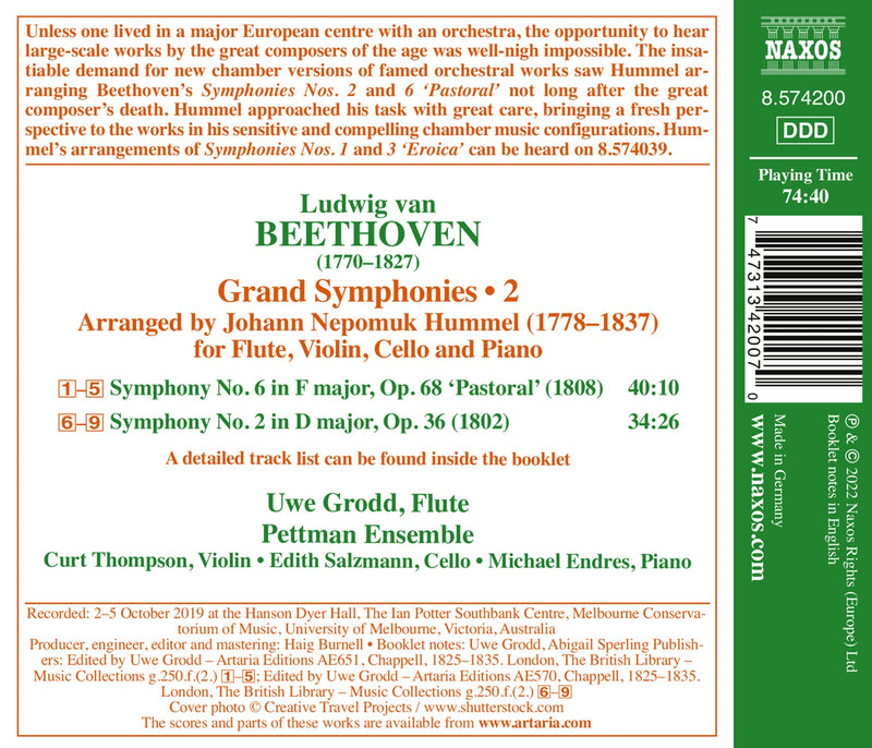 Beethoven: Symphonies vol. 2 - Nos. 2 & 6 (for piano trio & flute) / Grodd, Pettman Ensemble