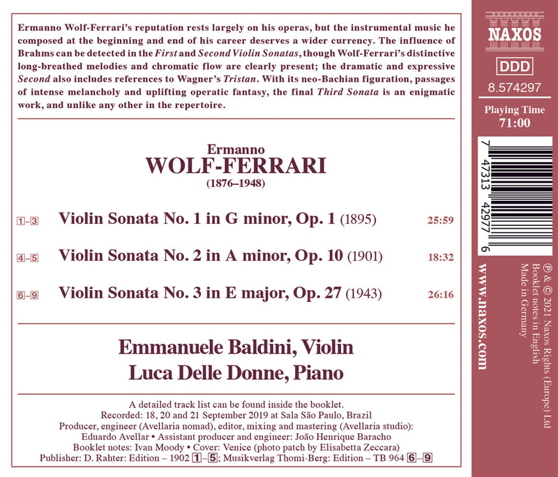 Wolf-Ferrari: Dreams & Drama - Violin Sonatas Nos. 1-3 / Delle Donne, Baldini