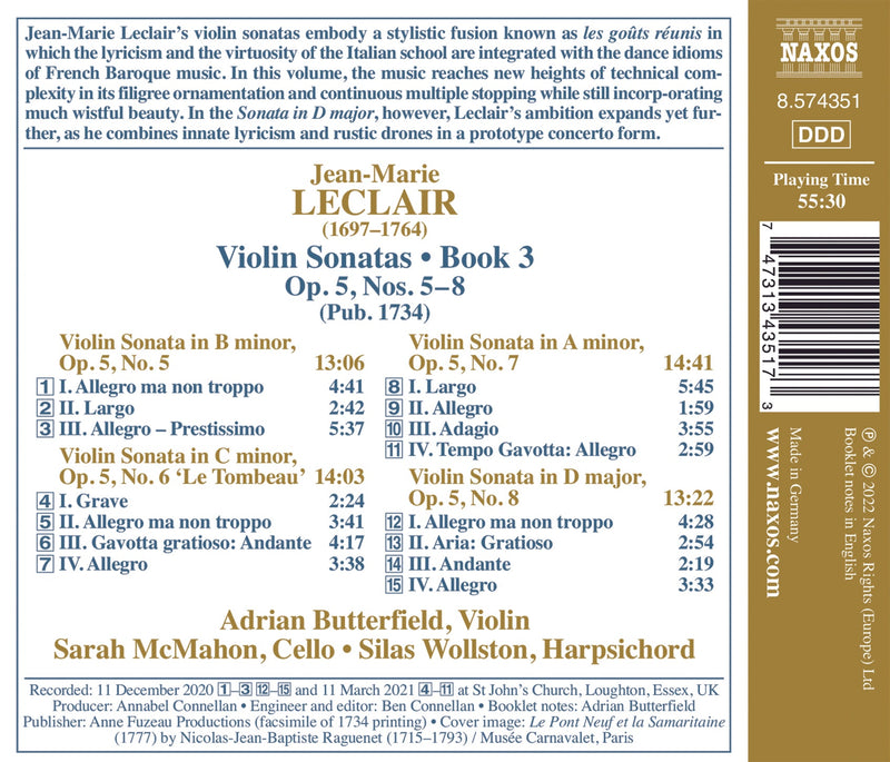 Leclair: Violin Sonatas, Book 3, Op. 5, Nos. 5–8 / McMahon, Butterfield, Wollston