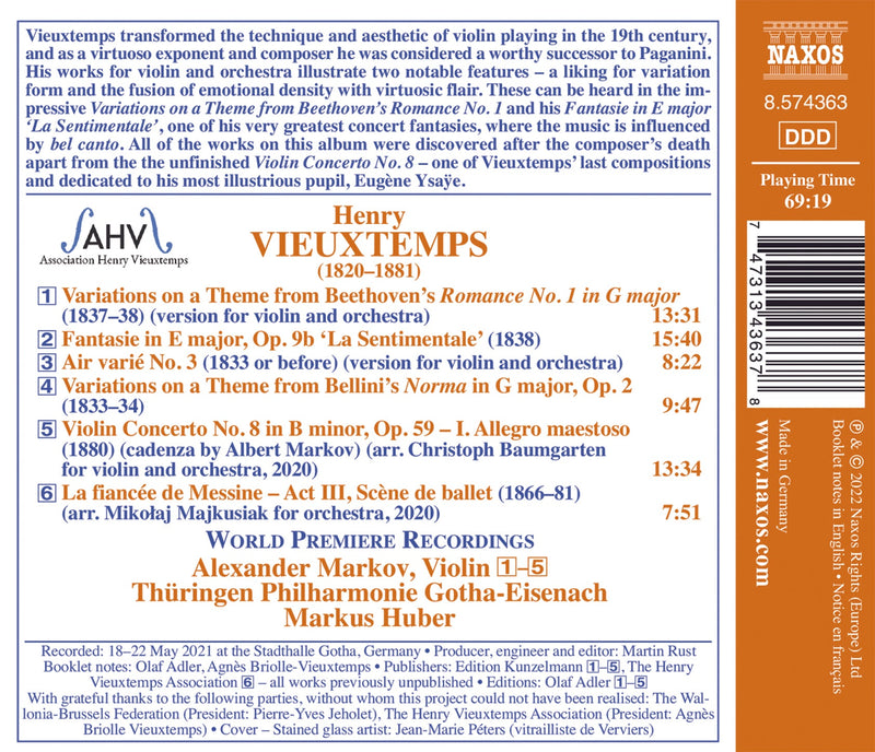 Vieuxtemps: Fantasie, Variations & Concerto No. 8 / Markov, Thuringian Philharmonic of Gotha-Eisenach