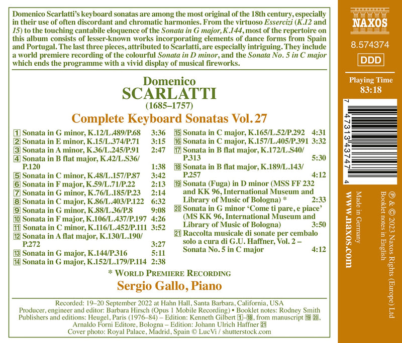 Scarlatti: Complete Keyboard Sonatas, Vol. 27 / Gallo