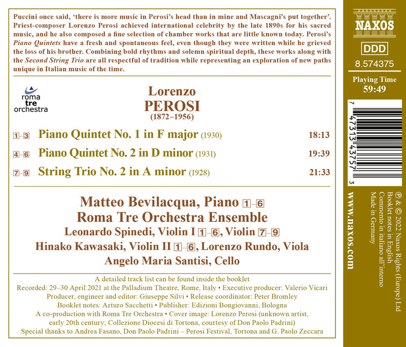 Perosi: Piano Quintets nos. 1-2, String Trio no. 2 / Bevilacqua, Roma Tre Orchestra Ensemble