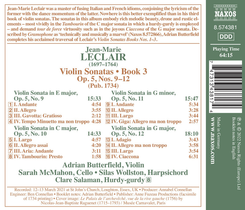 Leclair: Violin Sonatas book 3, op. 5, nos. 9-12 / Butterfield, McMahon, Wollston
