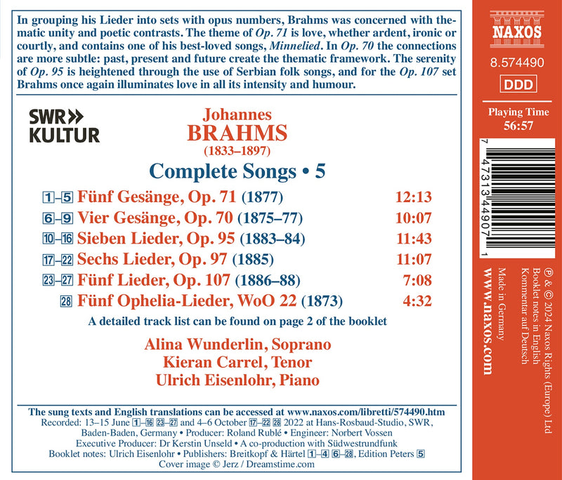 Brahms: Complete Songs, Vol. 5 / Wunderlin, Carrel, Eisenlohr
