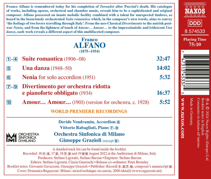 Alfano: Suite romantica; Una danza / Grazioli, Milan Symphony