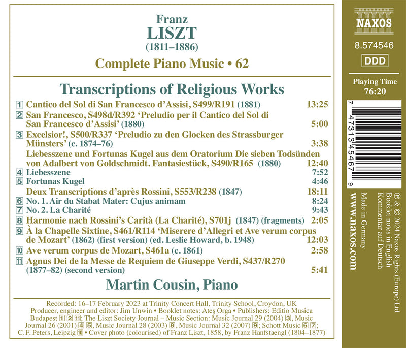 Liszt: Complete Piano Music, Vol. 62 - Transcriptions of Religious Works / Cousin