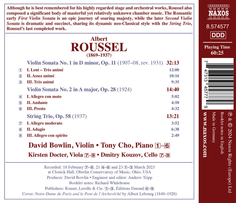 Roussel: Violin Sonatas Nos. 1 & 2; String Trio / Bowlin, Docter, Kouzov, Tony Cho