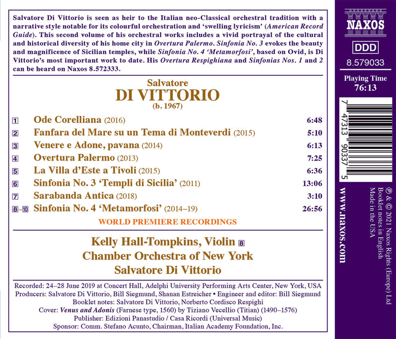 Di Vittorio: Sinfonias Nos. 3 & 4 / Hall-Tompkins, Di Vittorio, Chamber Orchestra of New York