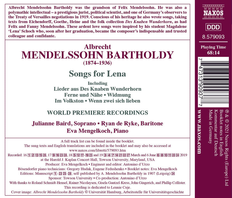 Mendelssohn: Songs for Lena / Baird, de Ryke, Mengelkoch