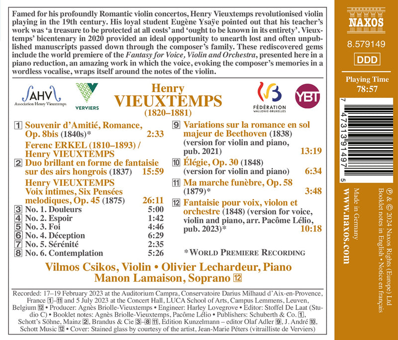 Vieuxtemps: Voix intimes - Rarities for Violin & Piano / Csikos, Lechardeur