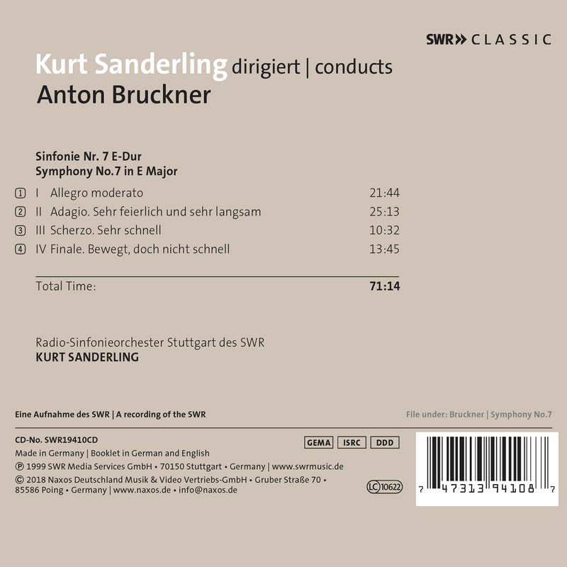 Bruckner: Symphony No. 7 / Sanderling, Stuttgart Radio Symphony