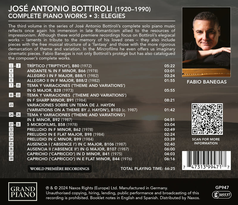 Bottiroli: Complete Piano Works, Vol. 3 - Elegies / Banegas