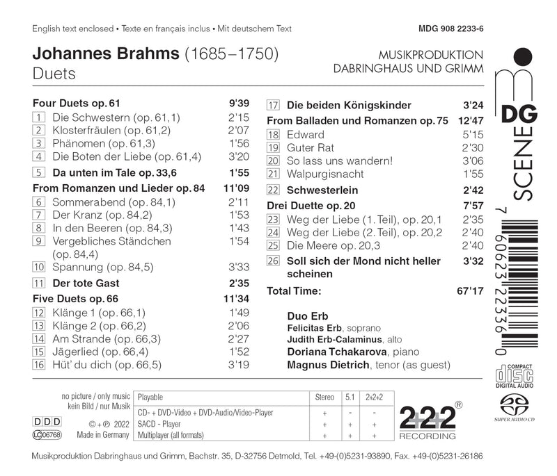 Brahms: Duets & Romances / Erb, Erb, Dietrich, Tchakarova