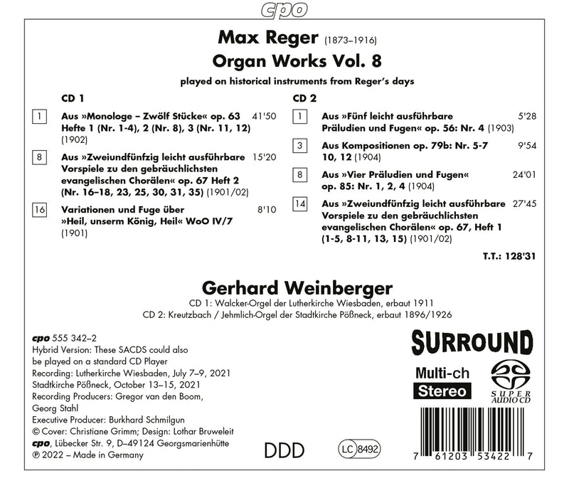 Reger: Organ Works, Vol. 8 / Weinberger