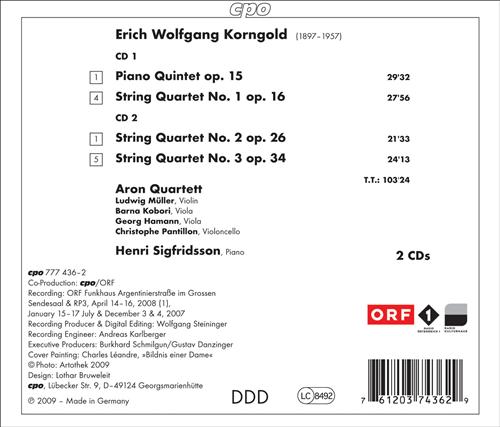 Korngold: String Quartets 1-3, Piano Quintet Op 15 / Sigfridsson,  Aron Quartett