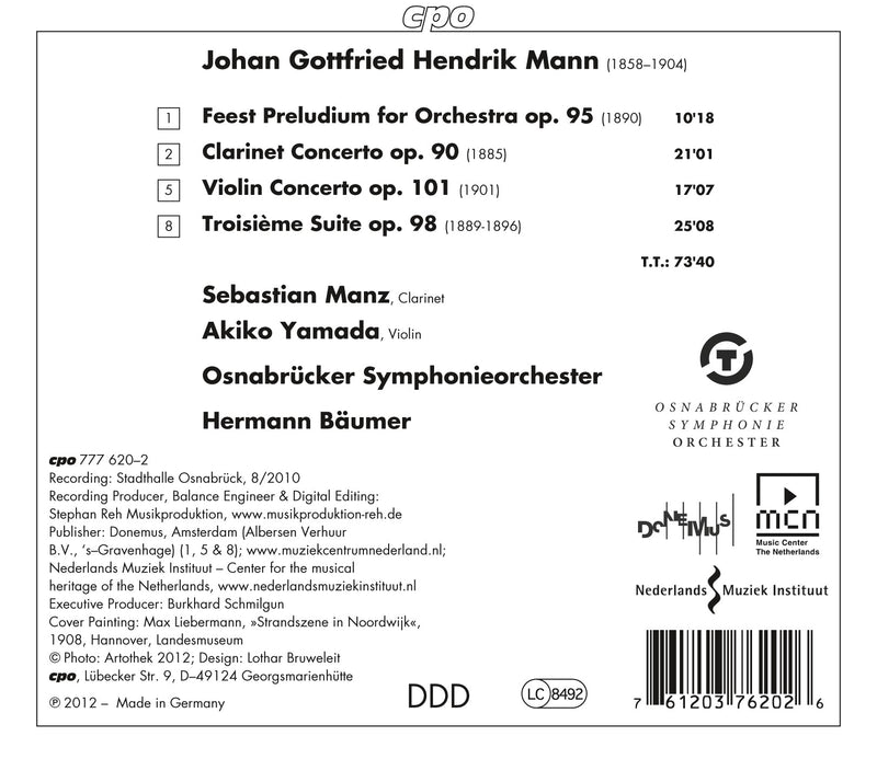 Mann: Clarinet & Violin Concertos; Festpaludium etc. / Bauer, Osnabruecker Symphonieorchester
