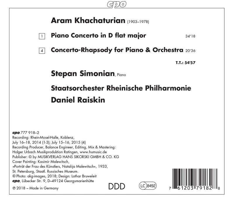 Khachaturian: Piano Concerto & Concerto Rhapsody / Raiskin, Simonian, Rhenish State Philharmonic