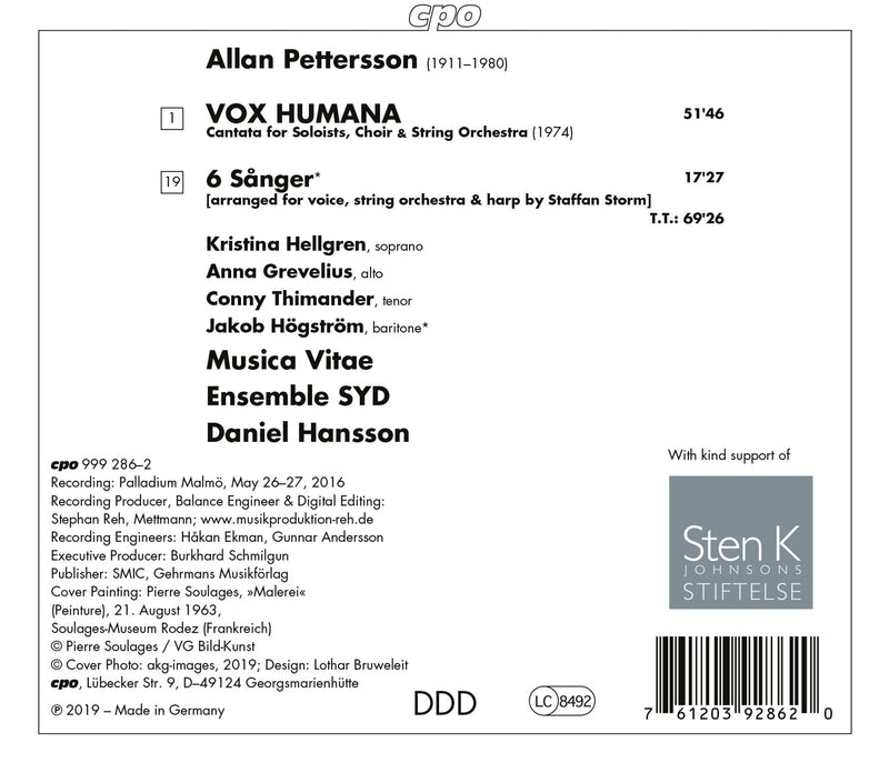 Pettersson: Vox Humana & 6 Sanger / Hansson, Musica Vitae, Ensemble SYD