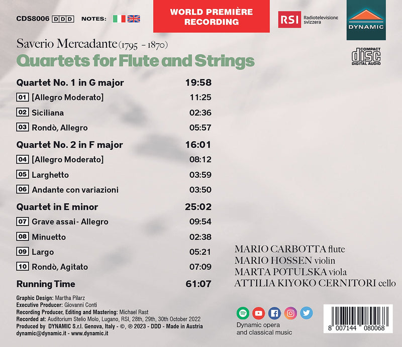 Mercadante: Quartets for Flute & Strings / Carbotta, Hossen, Potulska