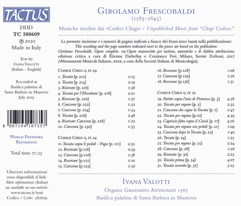 Frescobaldi: Unpublished Music From The "Codici Chigi" / Ivana Valotti