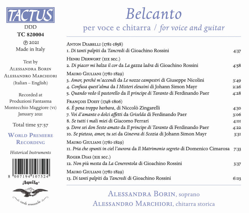 Cimarosa, Diabelli, Rossini: Belcanto - for Voice and Guitar / Borin, Marchiori,