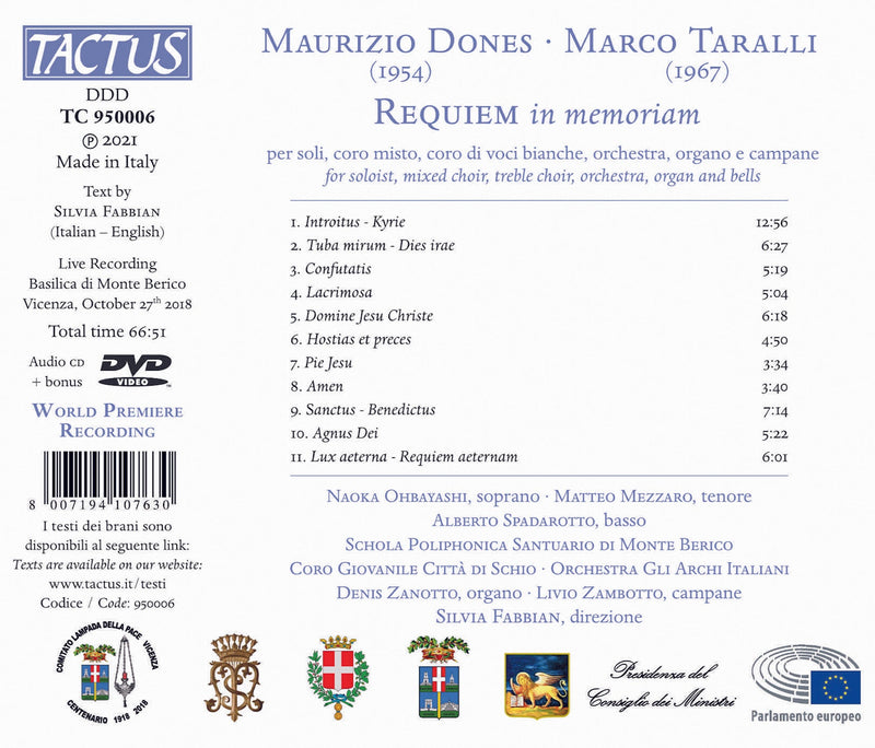 Dones & Taralli: Requiem in Memoriam / Ohbayashi, Spadarotto, Mezzaro, Fabbian, Orchestra d'Archi Italiana