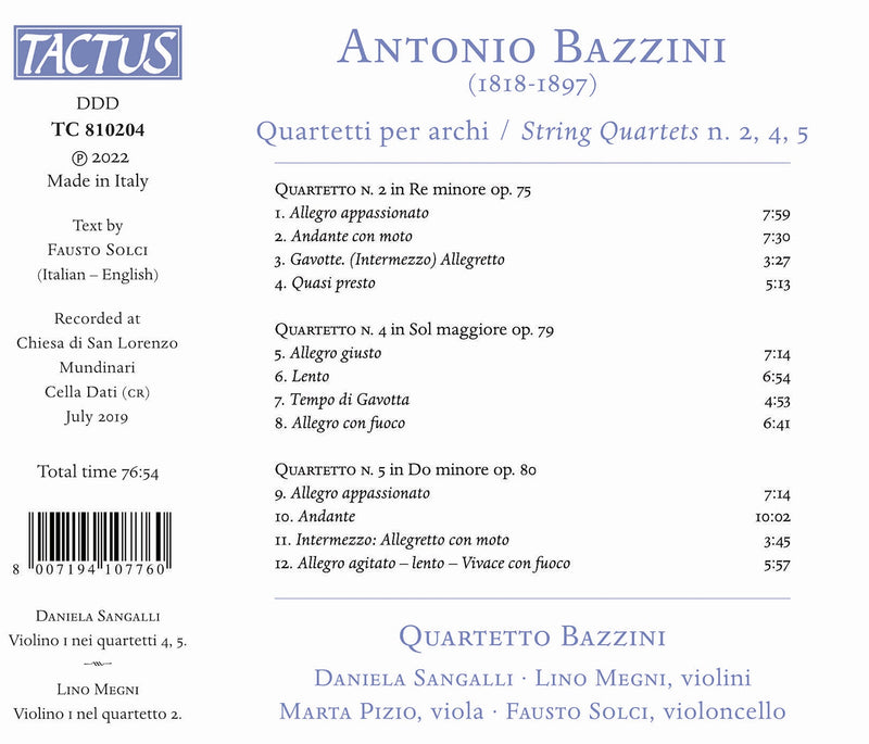 Bazzini: String Quartets Nos. 2, 4, & 5 / Quartetto Bazzini
