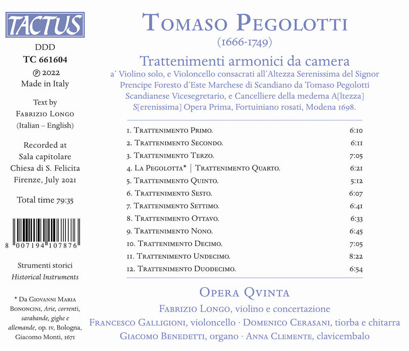 Pegolotti: Trattenimenti armonici da camera / Opera Quinta