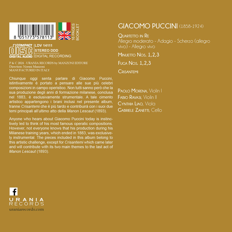 Puccini: Complete Works for String Quartet / Morena, Ravasi, Liao, Zanetti