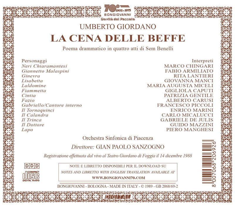 Giordano: La cene delle beffe / Sanzogno, Orchestra Sinfonica di Piacenza