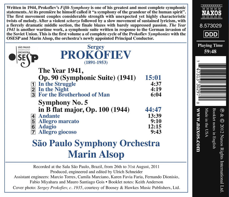 Prokofiev: Symphony No  5, The Year 1941 / Alsop, Sao Paulo Symphony
