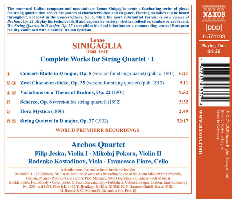 Sinigaglia: Complete Works for String Quartet, Vol. 1 / Archos Quartet