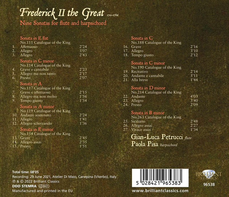 Frederick II the Great: 9 Sonatas for Flute & Harpsichord / Petrucci, Pisa