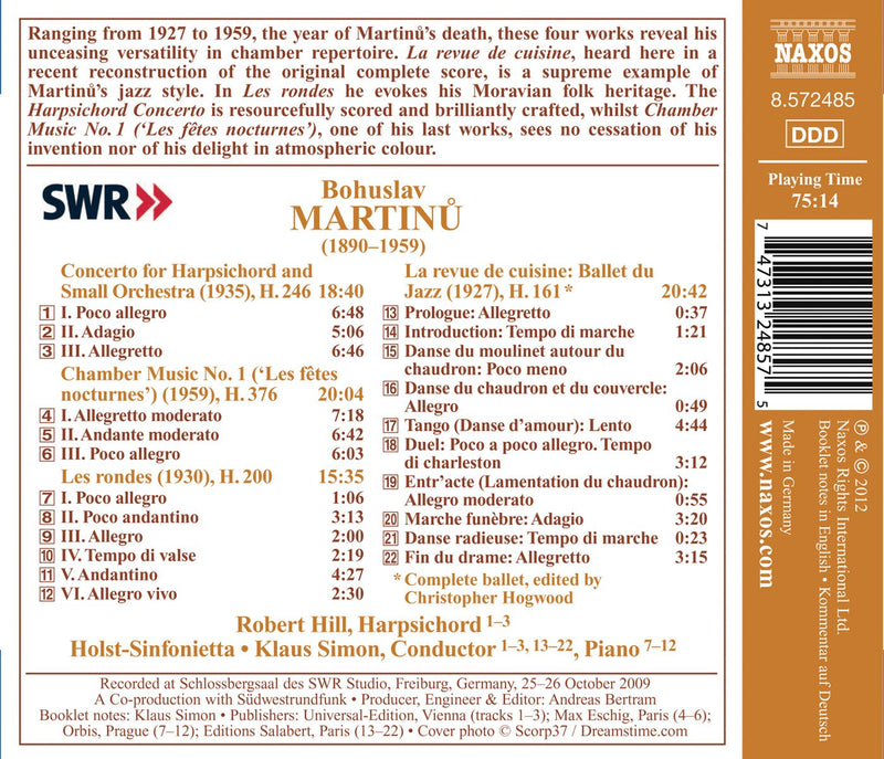 Martinu: Harpsichord Concerto, Les Rondes, La Revue De Cuisine / Hill, Simon, Holst Sinfonietta