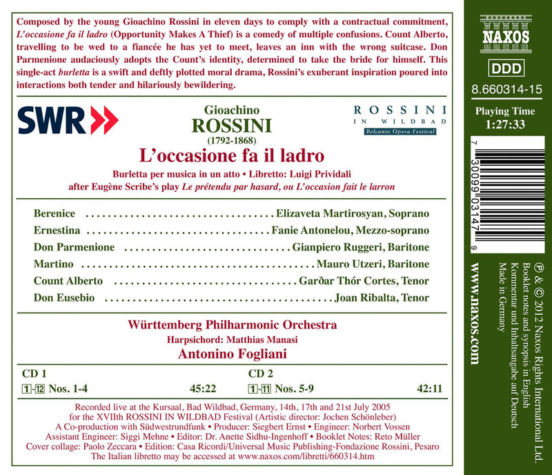 Rossini: L'occasione Fa Il Ladro / Fogliani, Martirosyan, Antonelou, Ruggeri, Utzeri