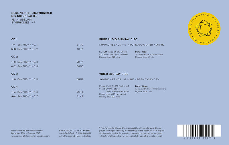 Sibelius: Symphonies 1-7 / Simon Rattle, Berlin Philharmonic [4 CDs; 1 Blu-ray Audio; 1 Blu-ray Video]