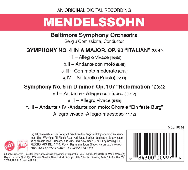 Mendelssohn: Symphonies Nos. 4 & 5 / Comissiona, Baltimore Symphony