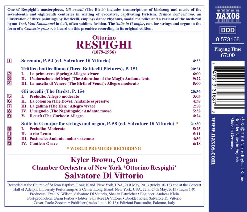 Respighi: The Birds; Three Botticelli Pictures; Suite In G Major / Di Vittorio, Chamber Orchestra Of New York