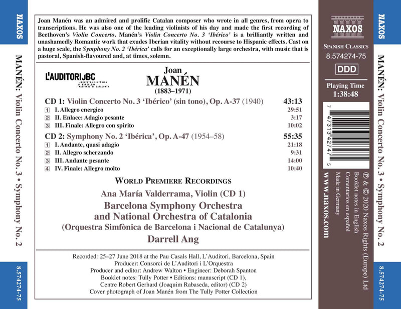 Manen: Violin Concerto No. 3, 'Iberico'- Symphony No. 2, 'Iberica' / Valderrama, Barcelona Symphony Orchestra, Ang