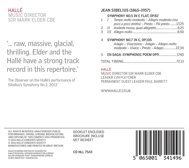 Sibelius: Symphonies Nos. 5, 7 & En Saga / Elder