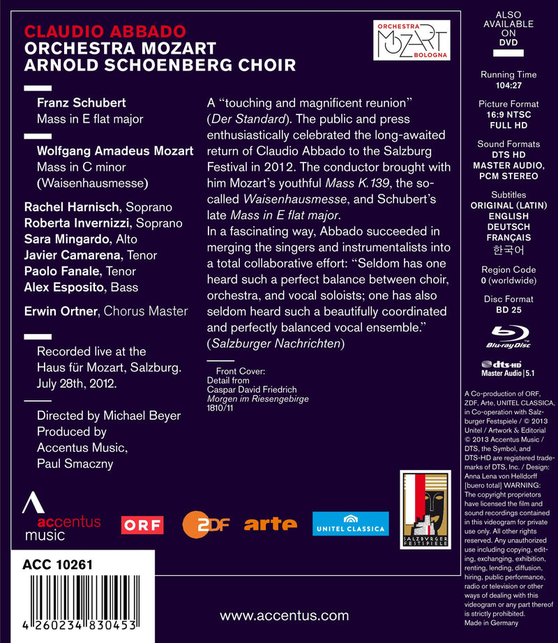 Schubert: Mass In C Minor; Mozart; Mass In E Flat Major / Abbado, Orchestra Mozart [blu-ray]