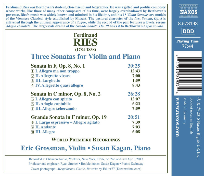 Ries: 3 Violin Sonatas / Grossman, Kagan