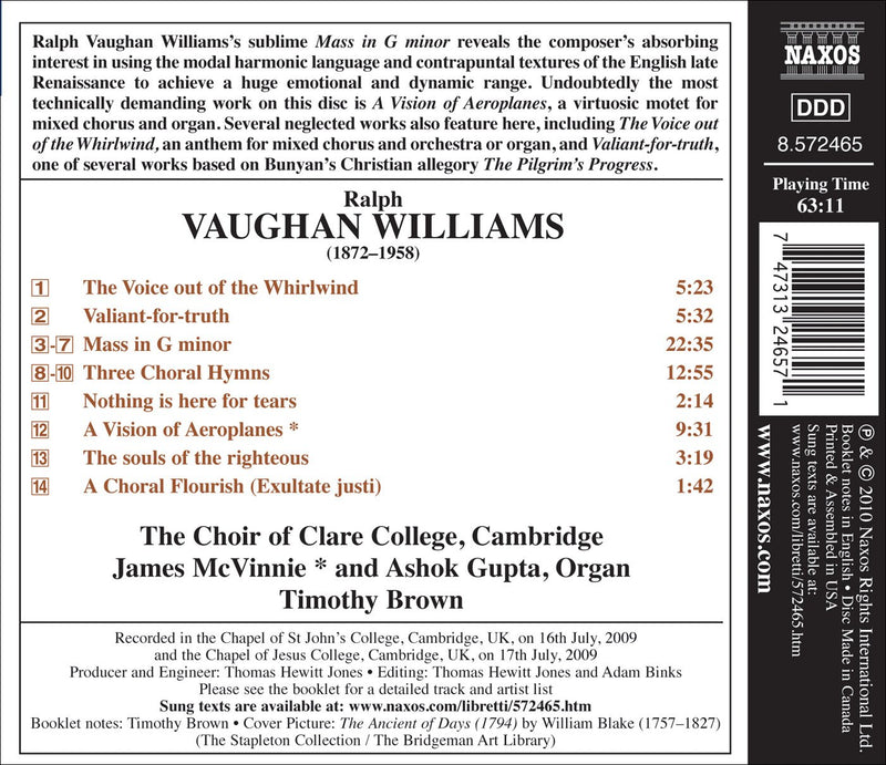 Vaughan Williams: Sacred Choral Music / Timothy Brown, Choir Of Clare College