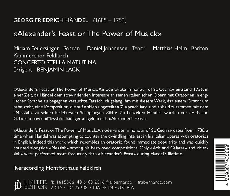 Handel: Alexander's Feast, Hwv 75 / Lack, Concerto Stella Matutina