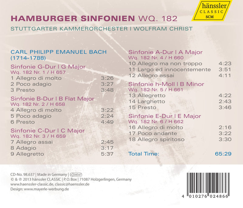 C.p.e. Bach: Hamburger Sinfonien / Christ, Stuttgart Chamber Orchestra